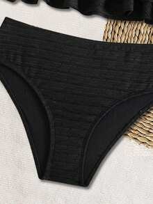 少女比基尼套装，黑色高档提花面料，配有可调节肩带，欧美时尚优雅女士泳装套装，适合夏季海滩游泳 - 黑色 - 查看 4