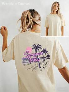 Camiseta de Mujer Estilo Bohemio - Camiseta Impresa% Algodón Suave y Cómoda, Cola de Caballo Dorada Clara con Estampado de Sol y Palmera, Estilo de Calle de Vacaciones de Playa de Verano, Cuello Redondo y Manga Corta, Regalo Perfecto para Mujeres - Albaricoque - Ver 13