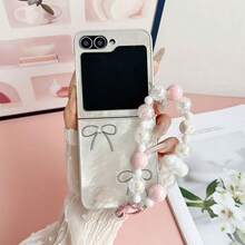 Elegant Foil Texture Line Bow Folding Phone Case With Chain, Suitable For Samsung Z Flip3/4/5/6/7, Sweet Girl Style Foldable Screen Protective Cover - Multicolor - View 1