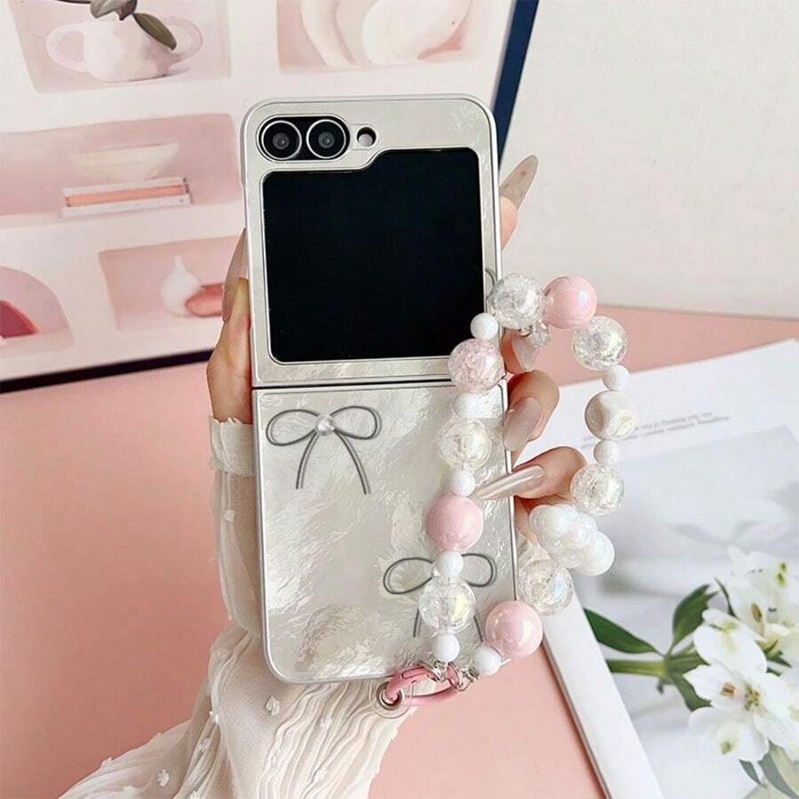 Elegant Foil Texture Line Bow Folding Phone Case With Chain, Suitable For Samsung Z Flip3/4/5/6/7, Sweet Girl Style Foldable Screen Protective Cover - Multicolor - View 1