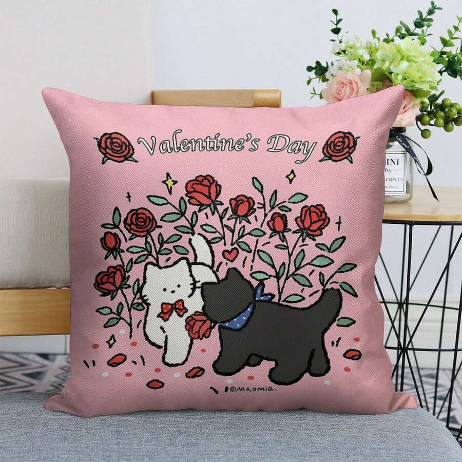 1PCS Vecna's Curse Textured Pillow Sham - Linen LookBlack & White Puppies In Rose Bush Valentine's Day Art Print-Christmas Themed Print Pillowcase - Linen-Like Fabric - Small/Medium/Large Specs - Soft & Skin-Friendly - Must-Have Home Item - Elegant Christmas Gift-Decorative Linen Look, Envelope Closure - 白色 - 查看 1