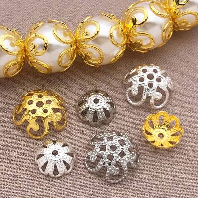 30pcs 18K Gold Plated Flower Bead Caps Hollow Brass Metal Bead End Caps Filigree Loose Spacer Bracelet Beads For DIY Craft Earring Necklace Jewelry Making