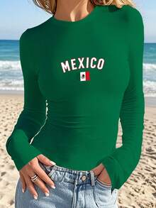 Mexico Flag Bold Lettering Women's Fashion Long Sleeve Shirt - 綠色 - 查看 3