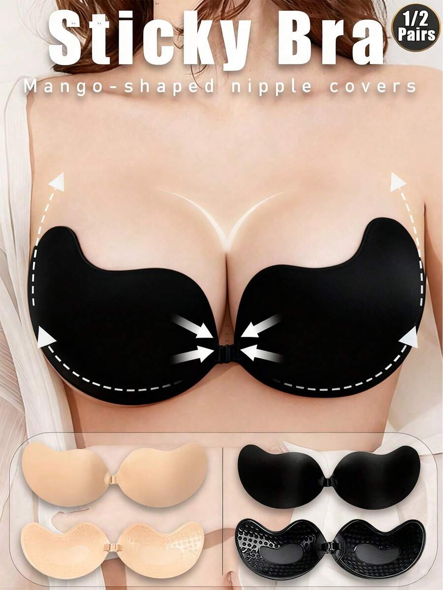 1 Pair Classic Mango Cup Self-Adhesive Invisible Strapless Silicone Bra Pasties, Sexy Cleavage Enhancing Bra Petals For Backless, Strapless Dresses And Gowns - Black - View 1