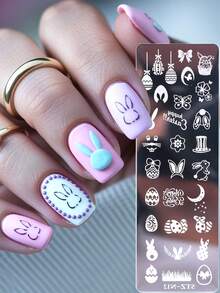 1件装复活节美甲模板，可爱兔子复活节彩蛋花朵设计学院美甲印花模板，DIY不锈钢美甲模板印花模具美甲工具 - 銀色 - 查看 10