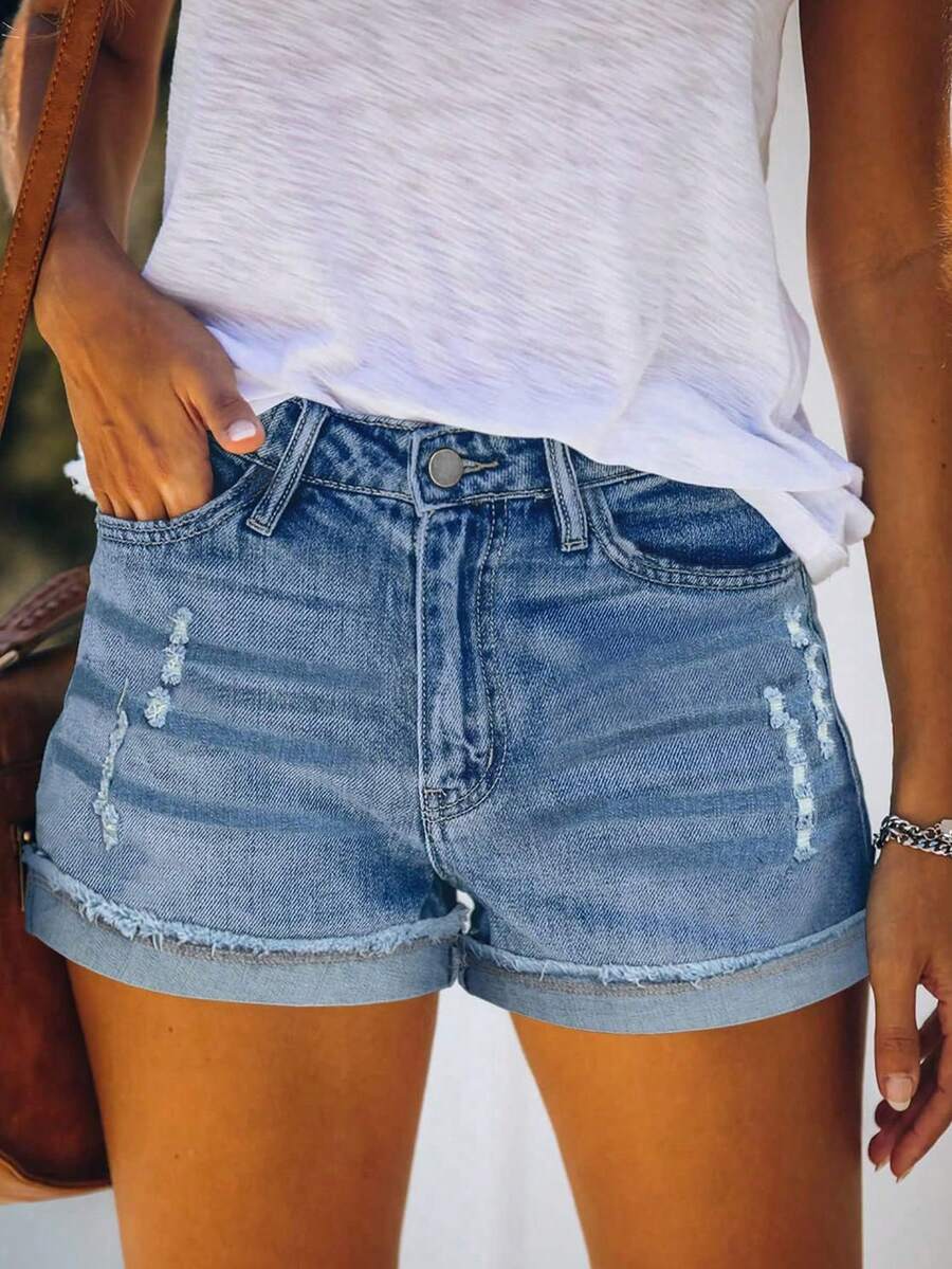 女式前扣口袋简约时尚休闲牛仔短裤