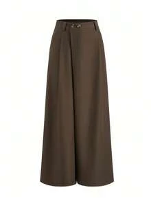 Quần ống rộng xếp ly cạp cao bất đối xứng màu trơn dành cho nữ, thích hợp cho mùa xuân. - Cà phê nâu - Xem 8