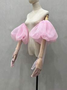 1 Set White Organza Puff Sleeve Bridal Arm Sleeves + Gloves - Multicolor - View 8