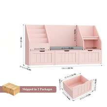 Toy Storage Unit, Toy Organiser Bookshelf, With Storage Bench And 3 Drawers On Wheels, 140x39.5x80cm - Pink - View 6