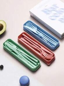 1 Set/8 Sets Portable Plastic Striped Cutlery Set, Camping Tableware, Reusable Spoon & Fork Set With Storage Box, Suitable For Picnics & Daily Use,Kitchen,Christmas Gift Back To School,School Supplies - Multicolor - View 7