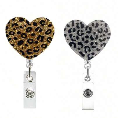 1个豹纹闪光心形徽章卷轴，带鳄鱼夹，可伸缩趣味徽章卷轴，适用于ID徽章、教师证、医生证、节日礼物和返校用品