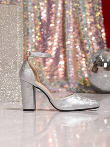 女士高跟鞋新款春夏鞋履，尖头单带镂空中跟凉鞋，粗跟时尚拼接秋季鞋款 - 銀色 - 查看 18