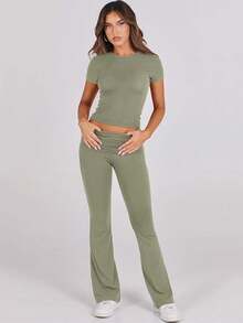 Lounge Sets For Women 2 Piece Foldover Yoga Flare Leggings Pants Crop Tops Casual Y2K Outfits Matching Tracksuit Set/Vacation Outfits Women - 橄欖 - 查看 1