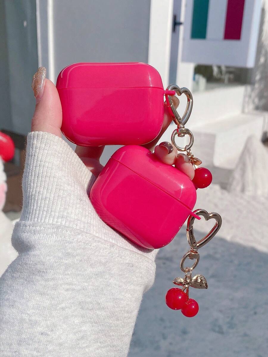 1pc Hot Pink Glossy TPU Bluetooth Earphone Case With Cherry Charm, Cute Cherry Design,Compatible With Airpods Pro 3 Case, Compatible With AirPods Pro (2nd Generation), Compatible With AirPods 3, Compatible With AirPods Pro, Compatible With Airpods 4 Case Cover,, Ideal For Daily Use, Spring, Mother's Day, Birthday, Valentine's Day & Graduation Gifts, Quick Ship