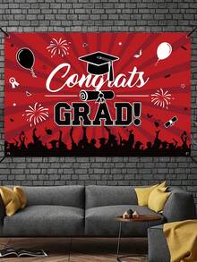 1件装2D平面2026毕业派对背景，红黑“祝贺毕业”字样，包含毕业帽、烟花、气球图案，适用于毕业摄影，多用途墙面装饰，适合家庭、办公室、户外、工作室、派对、节日礼物、2026毕业派对用品、毕业家庭节日聚会礼物、墙面装饰、毕业主题背景、派对装饰配件、派对礼品 - 紅黑色 - 查看 10