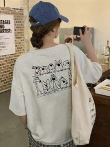 Japanese Style Spring/Summer Round Neck Loose Casual Cute Cartoon Dog Double-Sided Print Short Sleeve T-Shirt - Light Grey - View 4