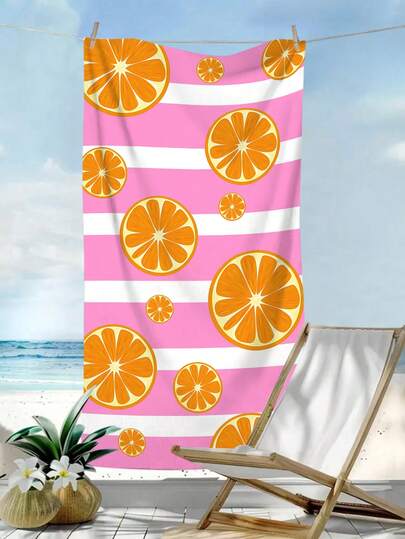 1pc Simple Pink Striped Beach Towel, Lemon Print Beach Towel, Super Soft Microfiber Large Quick Dry Water Absorbent Anti-Sand Beach Towel, Suitable For Travel, Camping, Swimming Pool, Yoga, Fitness, Shower, Beach & Pool Essential Holiday Gift (Single-Sided Printing, Multiple Colors Available)