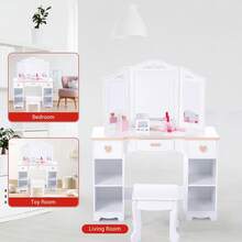 Vanidad para niños con Espejo de Tres Pliegues, Mesa de Cambiador y Taburete para niñas pequeñas, Maquillaje para niños con cajón y estantes Abiertos para niñas de 3 a 9 años, Color Blanco - Blanco - Ver 3