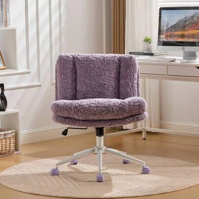 Office Chair With Wide Seat (67 Cm), Faux Rabbit Fur Upholstery, Metal Base, Swivel And Adjustable Office Chair, Dressing Table Chair (Purple), DE1875VT