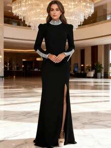 Black High Neck Long Sleeve Rhinestone Slit Bodycon Maxi Dress, Elegant For Women's Ball, Wedding, Birthday, Graduation Ceremony - Black - View 1