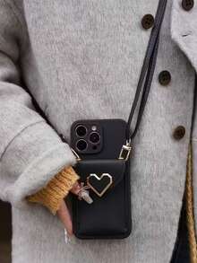 Heart Card Slot Lanyard Phone Case, Compatible With Apple 17/17Pro/17ProMax/15/16 Pro Max, 12 Women's Full Coverage Soft Case, 14, 12 ProMax Diagonal Coin Purse Phone Case - Black - View 2