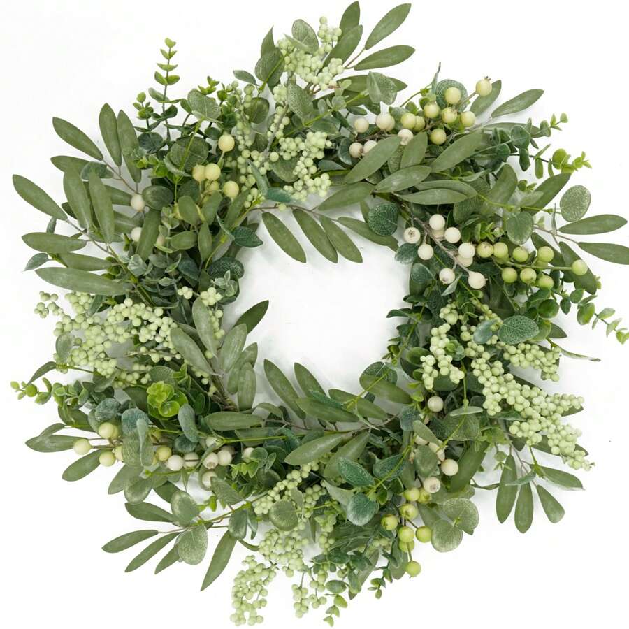 1 vòng hoa lá nhân tạo màu xanh lá cây, kết hợp cành cây, lá, lá ô liu và các loại quả mọng, thích hợp để trang trí lối vào, tủ quần áo và cửa sổ, tạo nên không gian đồng quê tự nhiên và tươi mát cho ngôi nhà và các dịp lễ hội. - Nhiều màu - Xem 1