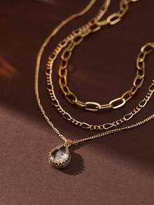 Set de 3 collares con colgante de clip de papel a cuadros, colgante de circonita cúbica con capas, adecuado para uso diario (cantidad aleatoria de anillos de cadena) - Amarillo Oro - Ver 8