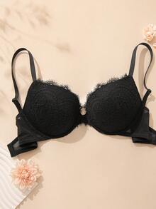 WINGSLOVE Eyelash Lace Underwire Bra Deep V Push-Up Lightly Padded Adjustable Convertible Crisscross Strap Bra - Black - View 6