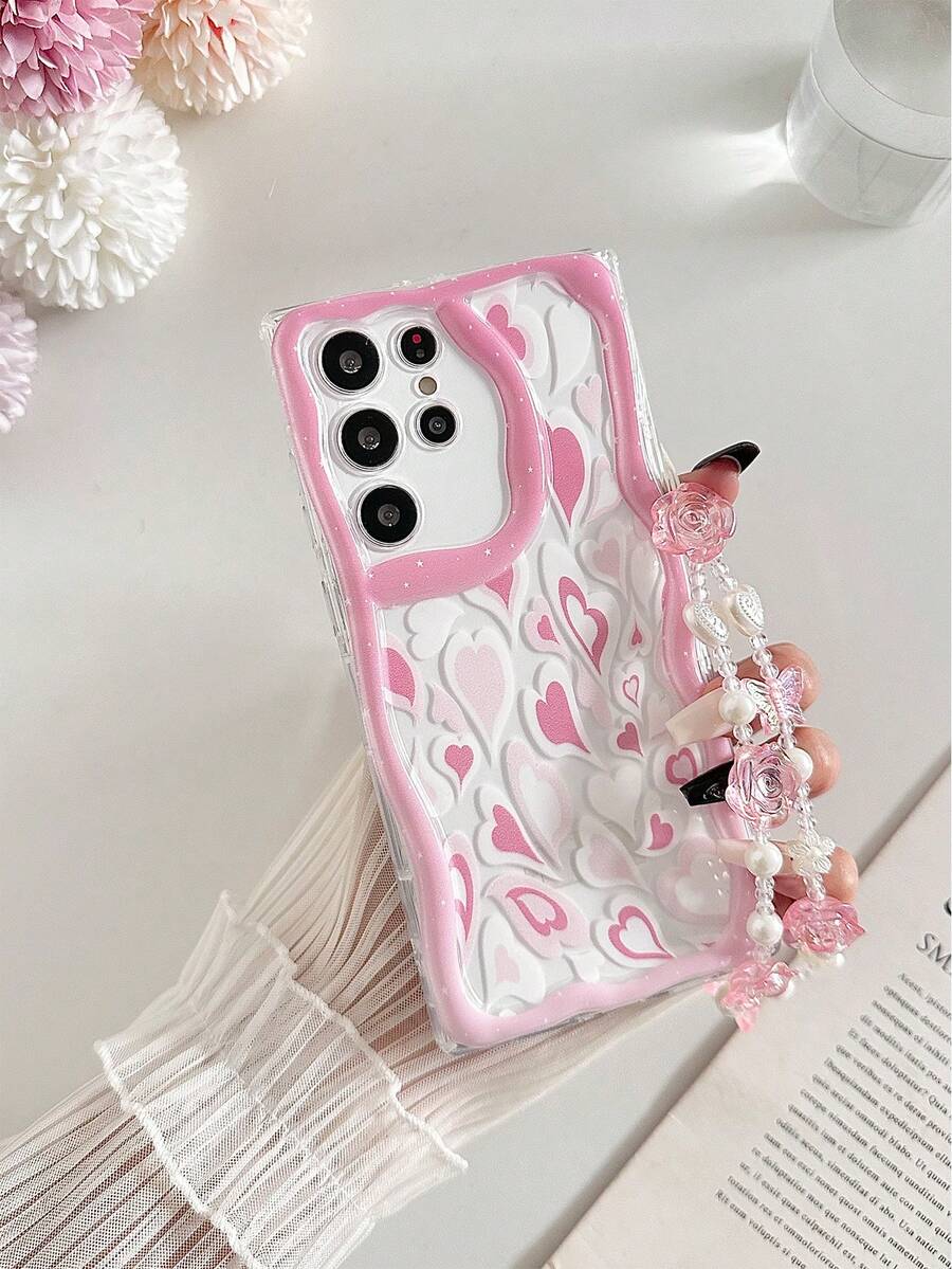 Cream Wavy Edge Glossy Heart Painted Anti-Drop Phone Case With Beaded Bracelet Accessory, Compatible With IPhone 17pro/17Air /17/17promax16/11/16pro/16plus/16promax/16e, Galaxy S25/S25PLUS/S25 Ultra/A16/A36/A26/A56/A50/A12/A32/A52, 11/12Pro/12/12X/13Pro/14Pro/15Pro/, Redmi 10/9/Note9/12c/Note11pro/Note8Pro - Multicolor - View 1