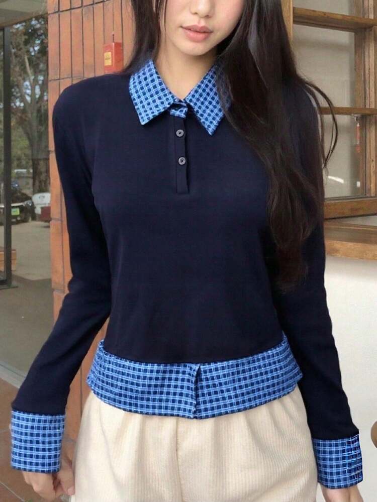 ポロカラー 2in1 長袖Tシャツ、スタイリッシュなスリムフィットアンダーシャツ 春 - ブルー - 見る 8