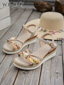 WRCVS 米色女士凉鞋，编织带凉鞋，夏季厚底厚底凉鞋，手工串珠编织随机花卉图案，轻便度假凉鞋，波西米亚风坡跟鞋，户外凉鞋 - 米色 - 查看 7