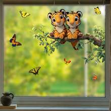 1pc 2D Flat Printed Tiger, Branch, Green Leaves, Butterfly Wall Sticker | Creative Self-Adhesive Removable PVC Decorative Sticker Suitable For Living Room, Bedroom, Dining Room, Windows And Glass - A - View 2