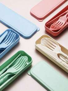 1 Set/8 Sets Portable Plastic Striped Cutlery Set, Camping Tableware, Reusable Spoon & Fork Set With Storage Box, Suitable For Picnics & Daily Use,Kitchen,Christmas Gift Back To School,School Supplies - Multicolor - View 6