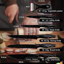 CUCHILLO DE COCINA DE ACERO INOXIDABLE, JUEGO DE CUCHILLOS DE COCINA DE 6PZS, CUCHILLO DE CHEF, CUCHILLO DE PAN, CUCHILLO DE FRUTA, CUCHILLO CON REVESTIMIENTO ANTIADHERENTE - Negro - Ver 3