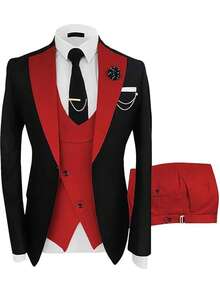 Bộ vest nam 3 món phong cách retro lấy cảm hứng từ tiền tệ, dáng ôm, gồm áo khoác cổ nhọn, áo gile và quần tây, thích hợp cho đám cưới, tiệc tùng và các dịp trang trọng (Áo khoác + Áo gile + Quần tây) (Size XS-3XL) - Đỏ - Xem 2