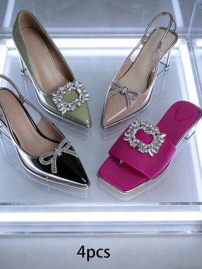 1 Set (4pcs) White Crystal Rhinestone Bow Metal Decorations, Fashion Exquisite Classic Cute DIY High Heels Decor, Suitable For Elegant Sexy Ladies Date Shoes, Sneakers, Brooches, Bag Clips, Home Accessories, Multi-Purpose Decorations