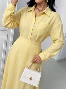 女士春秋季编织领长袖系带休闲两件套女装 - 黃色 - 查看 5