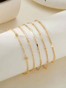 1pc Simple Double Layer Beaded Anklet, Fashionable Beach Style Chain Foot Jewelry, Versatile For Women, Suitable For Daily Wear, Holidays, Beach Parties, Gift For Girlfriend, Valentine's Day, Birthday - Yellow Gold - View 4
