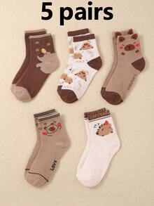 5 Pairs Kids Socks With Cute Capybara Pattern, Mid-Calf Length, Suitable For All Seasons - Multicolor - View 11