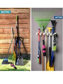 Home- It Mop and Broom Holder, 5 Position with 6 Hooks Garage Storage Holds up to 11 Tools, Storage Solutions for Broom Holders, Garage Storage Systems Broom Organizer for Garage Shelving Ideas - Blanco - Ver 3