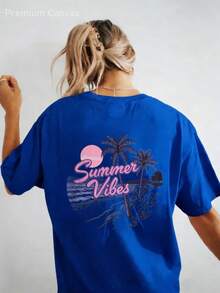 Camiseta de Mujer Estilo Bohemio - Camiseta Impresa% Algodón Suave y Cómoda, Cola de Caballo Dorada Clara con Estampado de Sol y Palmera, Estilo de Calle de Vacaciones de Playa de Verano, Cuello Redondo y Manga Corta, Regalo Perfecto para Mujeres - Azul - Ver 3