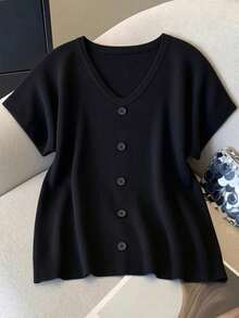 GIGOGOU Áo len nữ tay ngắn dáng rộng, cỡ lớn 1XL-4XL, màu đen, thích hợp mặc mùa xuân hè. - màu đen - Xem 1