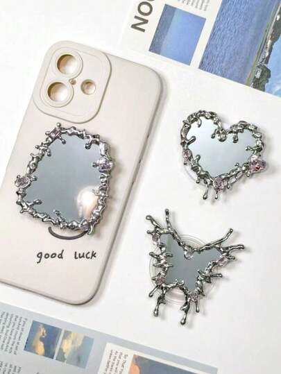 Heart-Shaped Butterfly Water Drop Mirror Phone Holder, Air Cushion Stand, Retractable Phone Ring Grip, Phone Accessories, Phone Decor, Suitable For IPhone 17 And Other Phones, Birthday Gift, Gift For Family And Friends, Winter, New Year, Valentine's Day Gift