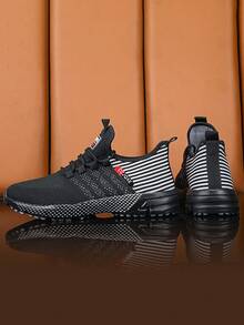 春秋新款透气男鞋，韩版休闲系带运动鞋，软底轻便防滑跑步鞋 - 黑色 - 查看 3