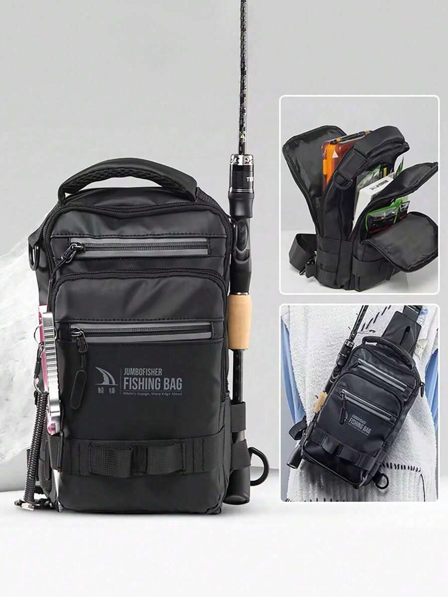 Outdoor Small Fishing Tackle Storage Chest Bag, Men's Sling Bag, Spacious Interior, Organized Storage, Portable And Easy To Use, Multi-Compartment Design, Adjustable Shoulder Strap, Zipper Closure, Fashionable Black Appearance - Black - View 1