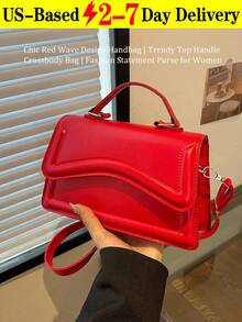 Minimalist Flap Square Bag Neon Red Funky,New Fashion Women Red Solid Color PU Leather Small Square Handbag, Simple And Stylish, Suitable For Going Out, Versatile And With Detachable And Adjustable Shoulder Strap,Vibrant Red Structured Top Handle Crossbody Bag For Women, Modern Wavy Stitch Detail Faux Leather Shoulder Purse With Detachable Strap & Secure Closure, Stylish Statement Handbag For Date Night/Party/Brunch Outfits, Bold Color Compact Satchel, US-Based Fast Delivery - Đỏ - Xem 13
