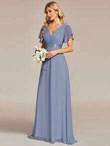 EVERPRETTY Elegant Solid Color Butterfly Sleeve Cinched Waist Chiffon Blue Bridesmaid Dress, Suitable For Weddings, Parties, Anniversaries And Other Formal Occasions In Spring And Summer - Dusty Blue - View 5