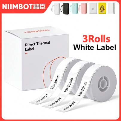  Rolo de Etiquetas Térmicas NIIMBOT D110 3 Rolos 15x30mm Branco Fita Adesiva Autocolante Reposição de Etiquetas Térmicas para Uso Doméstico/Escritório Compatível com Impressoras D11/D110/D101