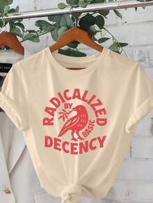 Damen Sommer Vogel Buchstaben Muster Lässig Einfach Alltäglich Locker Rundhals Kurzarm T-Shirt Top - Aprikosenfarben - Übersicht 5