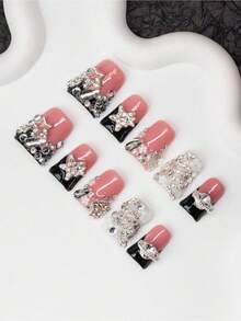 10Pcs Handmade Y2K-Style Duck Mouth Nail Tips Nude And Black Colors With French Tip Crystal Snake Flower Planet Star Elements Suitable For Parties Balls Daily Wear Unisex For Women And Girls Comes With Accessories Great Gift Press On Nails Nail Supplies Nails - Multicolor - 查看 7